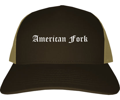 American Fork Utah UT Old English Mens Trucker Hat Cap Brown