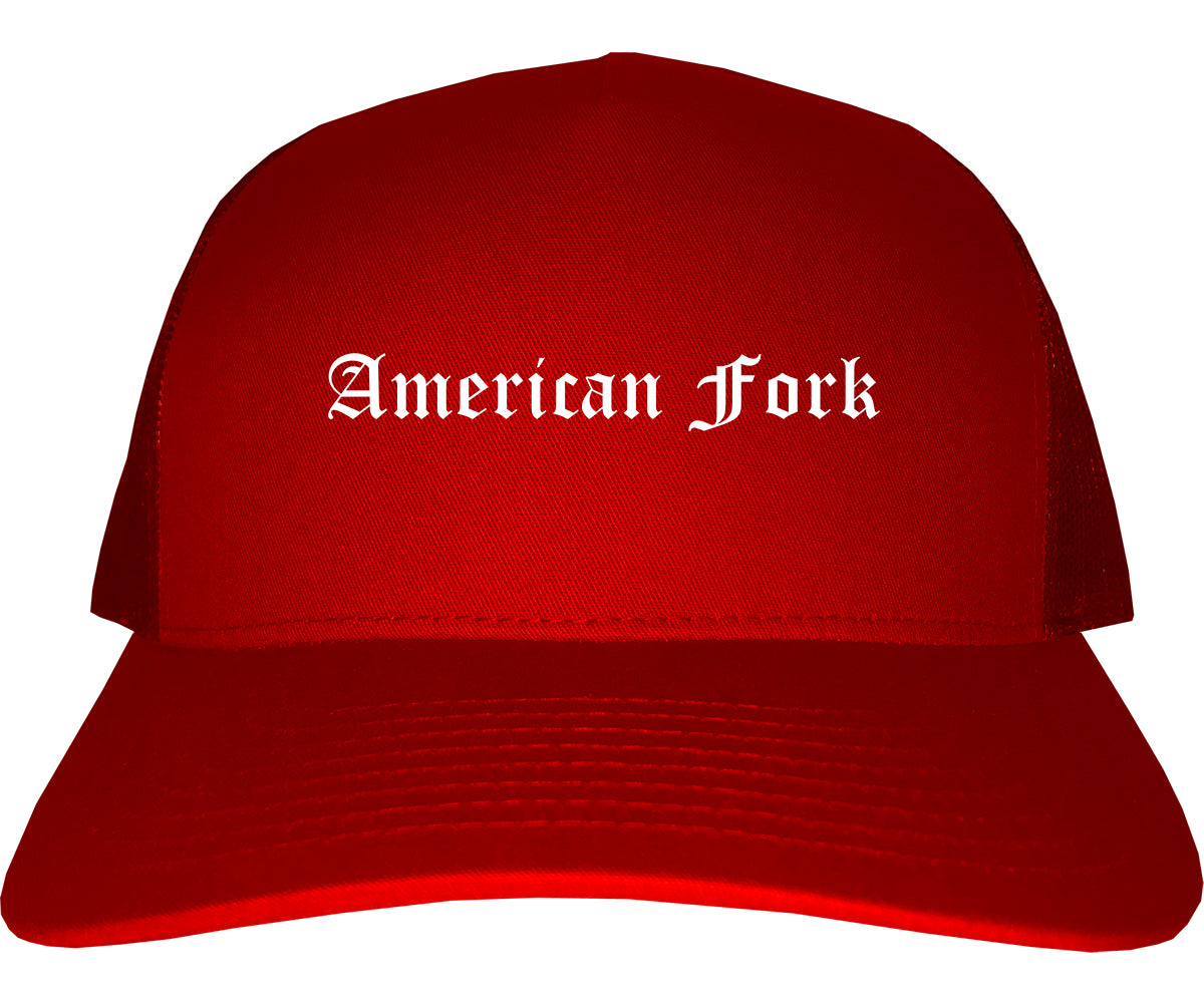 American Fork Utah UT Old English Mens Trucker Hat Cap Red