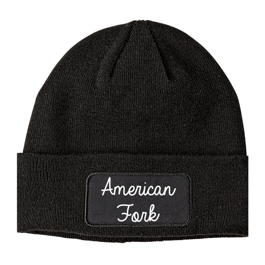 American Fork Utah UT Script Mens Knit Beanie Hat Cap Black
