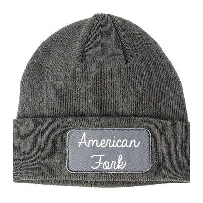 American Fork Utah UT Script Mens Knit Beanie Hat Cap Grey