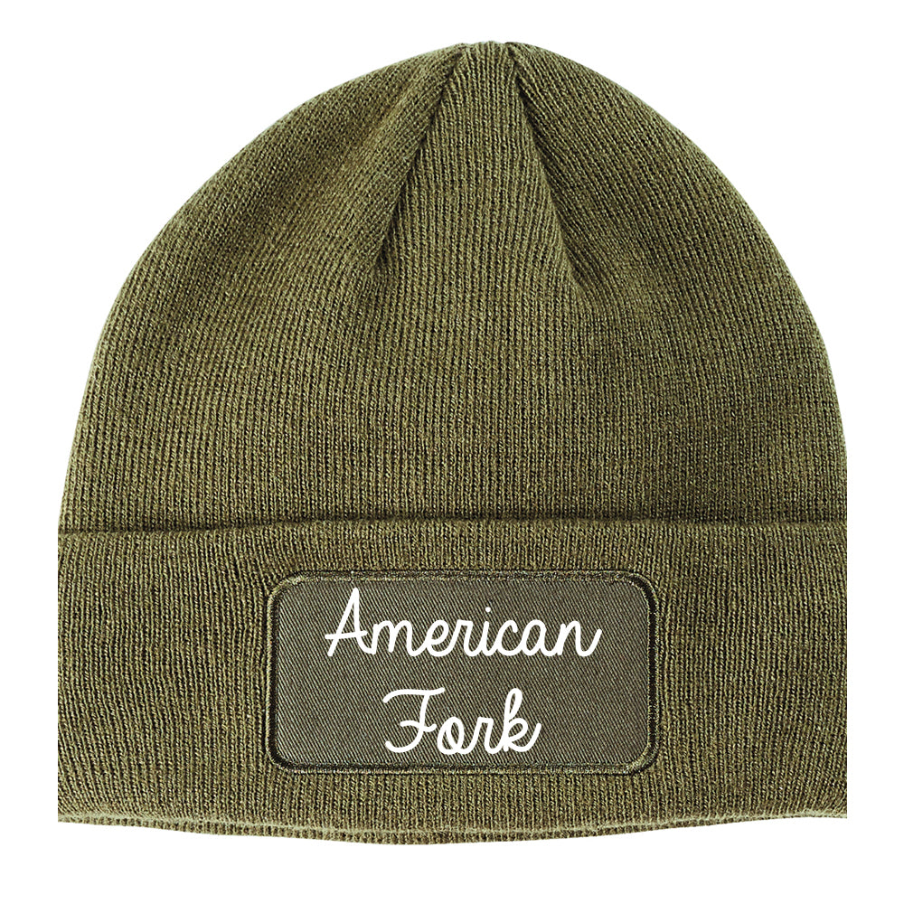 American Fork Utah UT Script Mens Knit Beanie Hat Cap Olive Green
