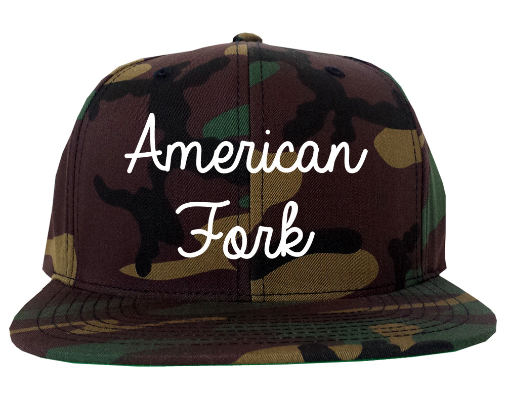 American Fork Utah UT Script Mens Snapback Hat Army Camo