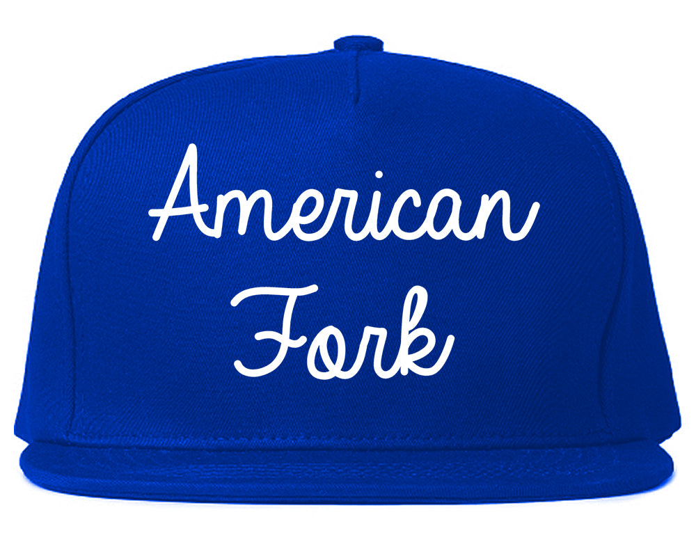 American Fork Utah UT Script Mens Snapback Hat Royal Blue