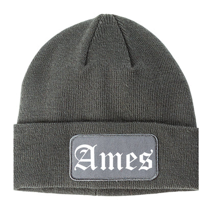 Ames Iowa IA Old English Mens Knit Beanie Hat Cap Grey