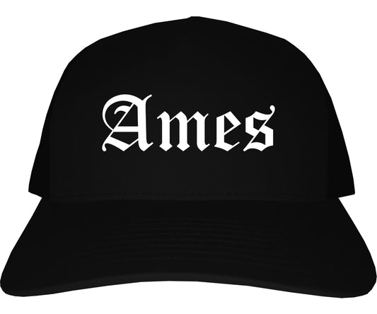 Ames Iowa IA Old English Mens Trucker Hat Cap Black