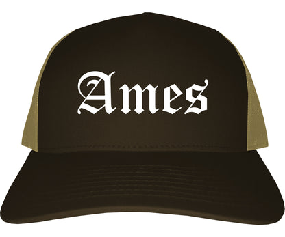 Ames Iowa IA Old English Mens Trucker Hat Cap Brown