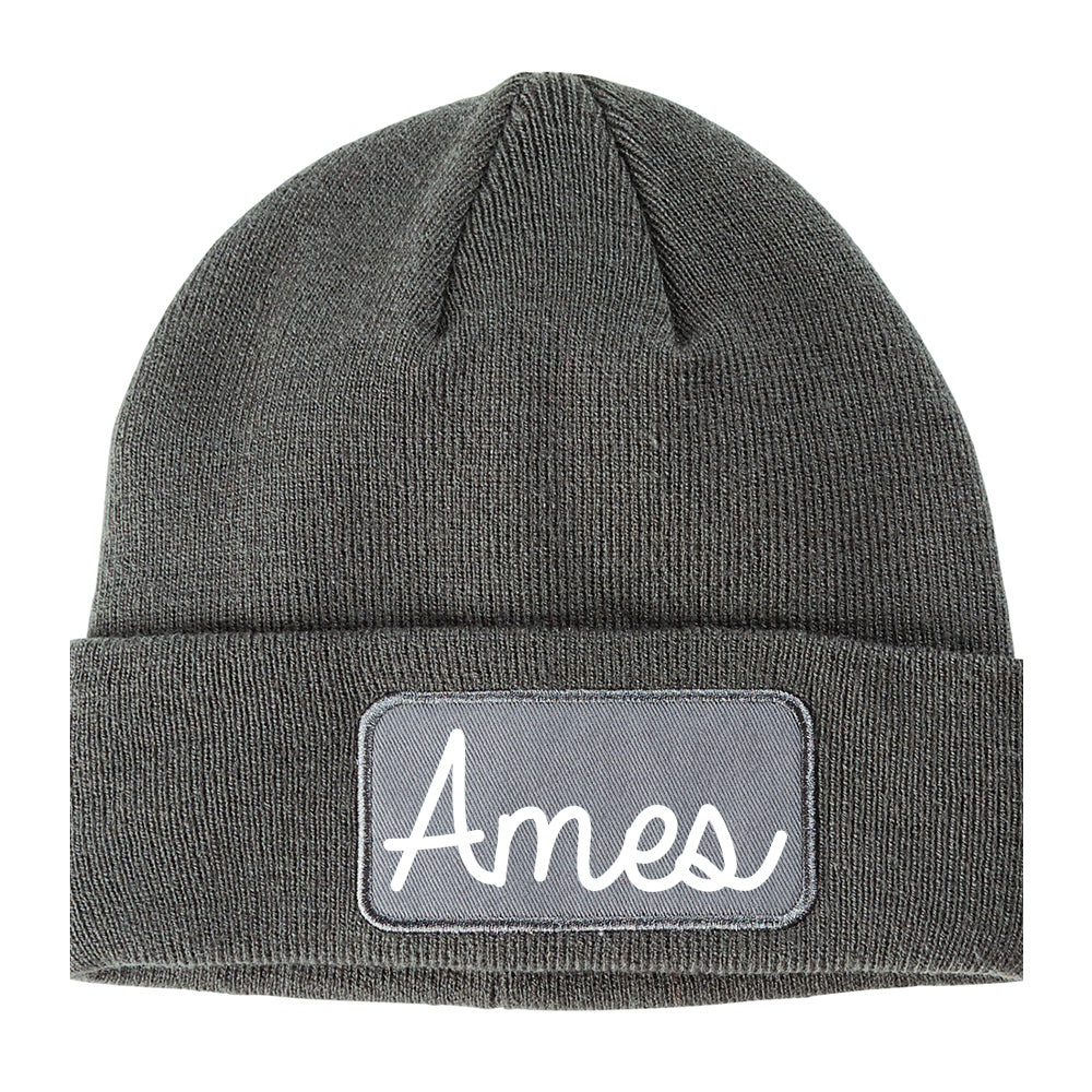Ames Iowa IA Script Mens Knit Beanie Hat Cap Grey