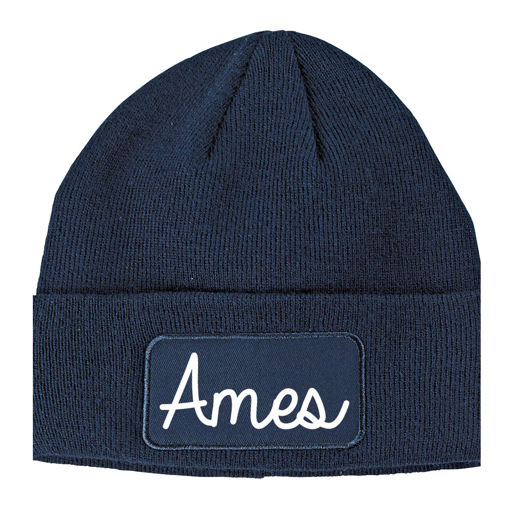 Ames Iowa IA Script Mens Knit Beanie Hat Cap Navy Blue