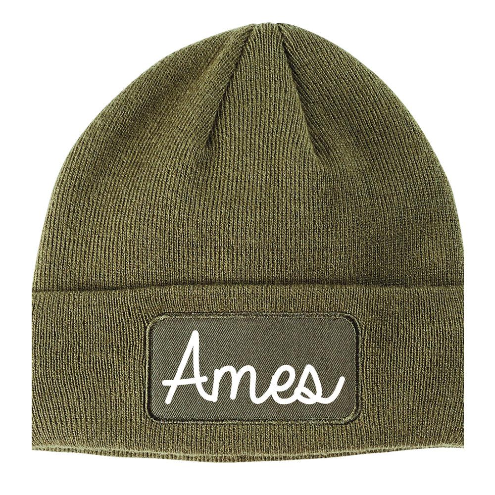 Ames Iowa IA Script Mens Knit Beanie Hat Cap Olive Green