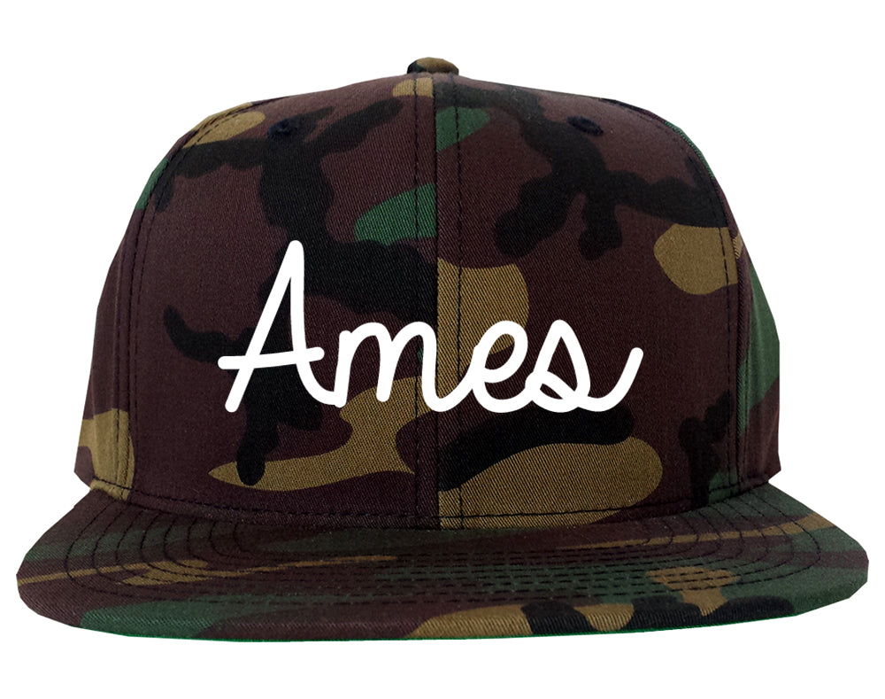 Ames Iowa IA Script Mens Snapback Hat Army Camo