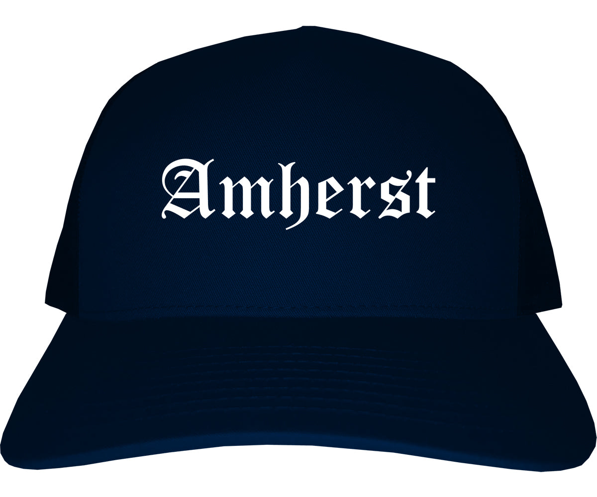 Amherst Ohio OH Old English Mens Trucker Hat Cap Navy Blue