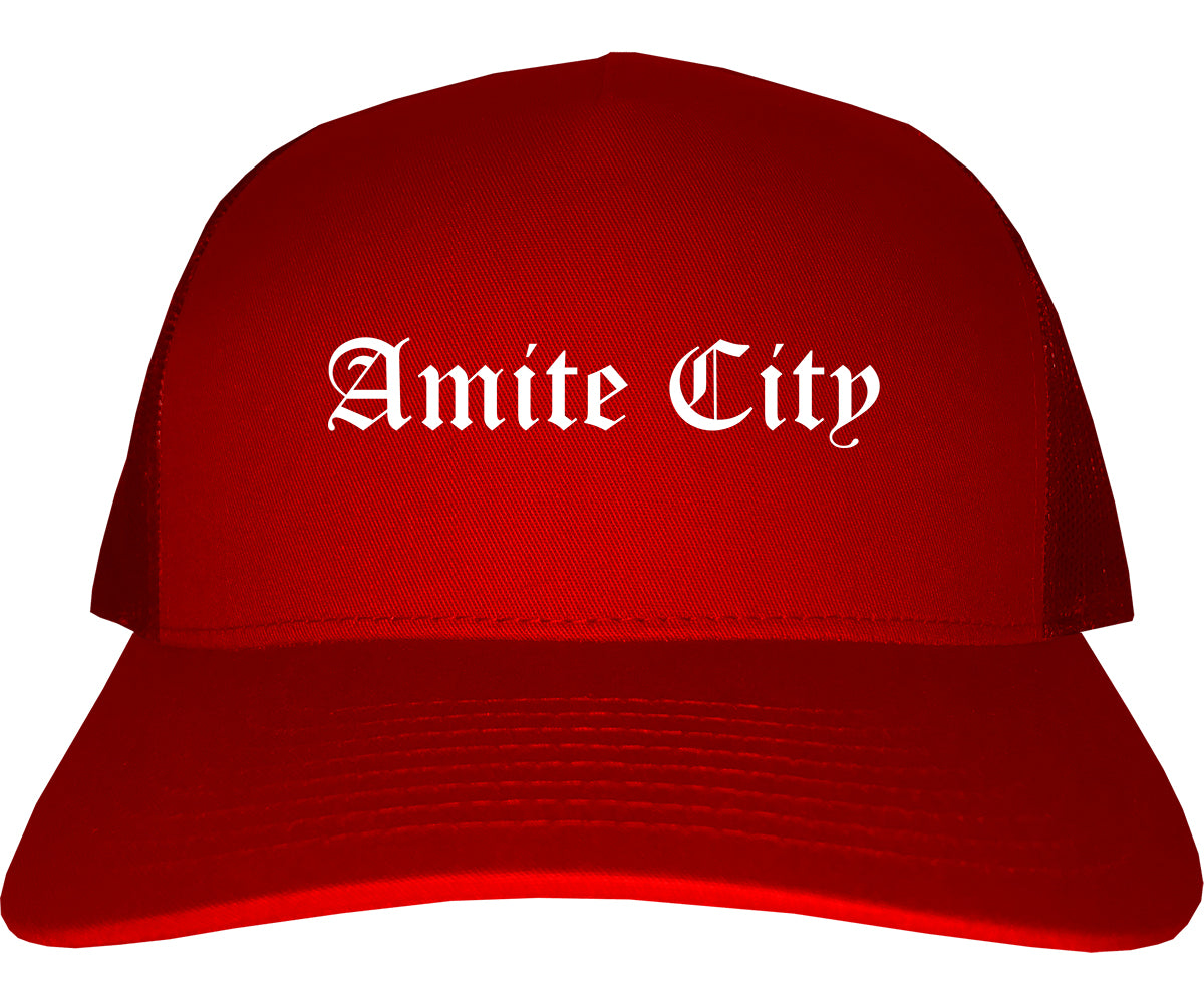 Amite City Louisiana LA Old English Mens Trucker Hat Cap Red