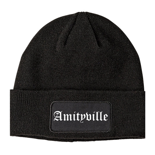 Amityville New York NY Old English Mens Knit Beanie Hat Cap Black