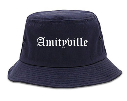 Amityville New York NY Old English Mens Bucket Hat Navy Blue