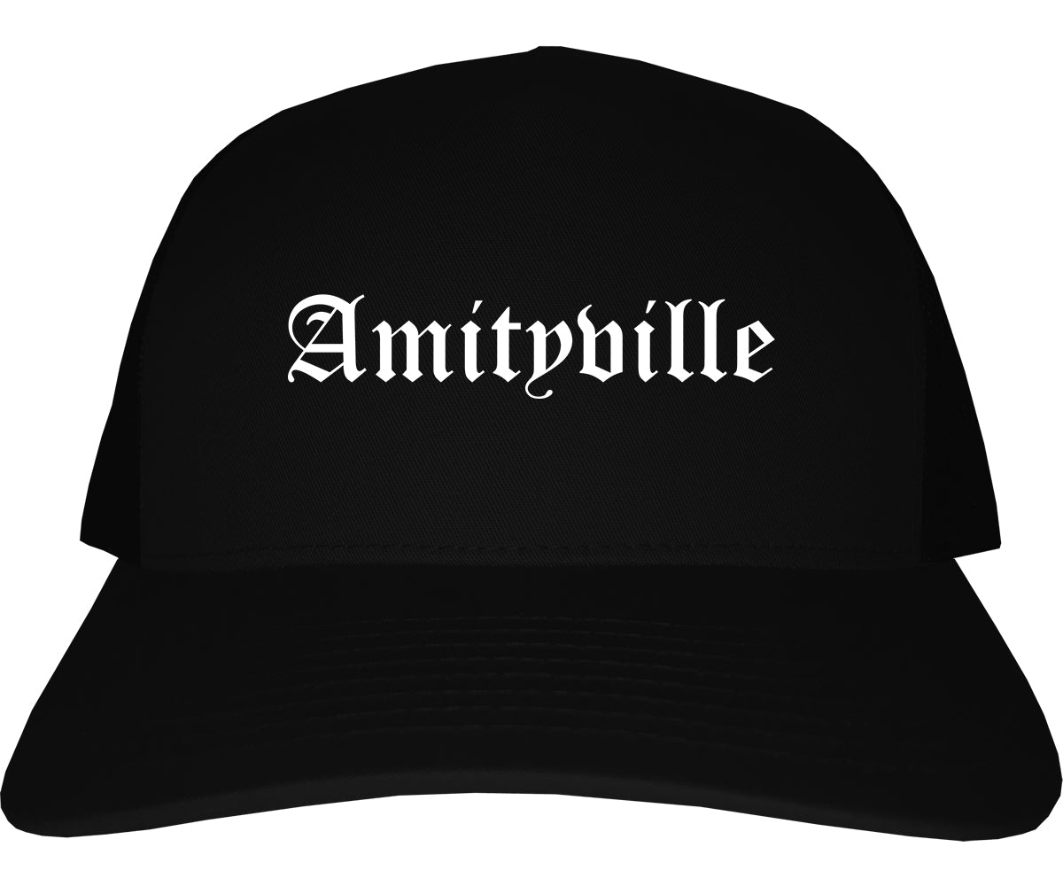 Amityville New York NY Old English Mens Trucker Hat Cap Black