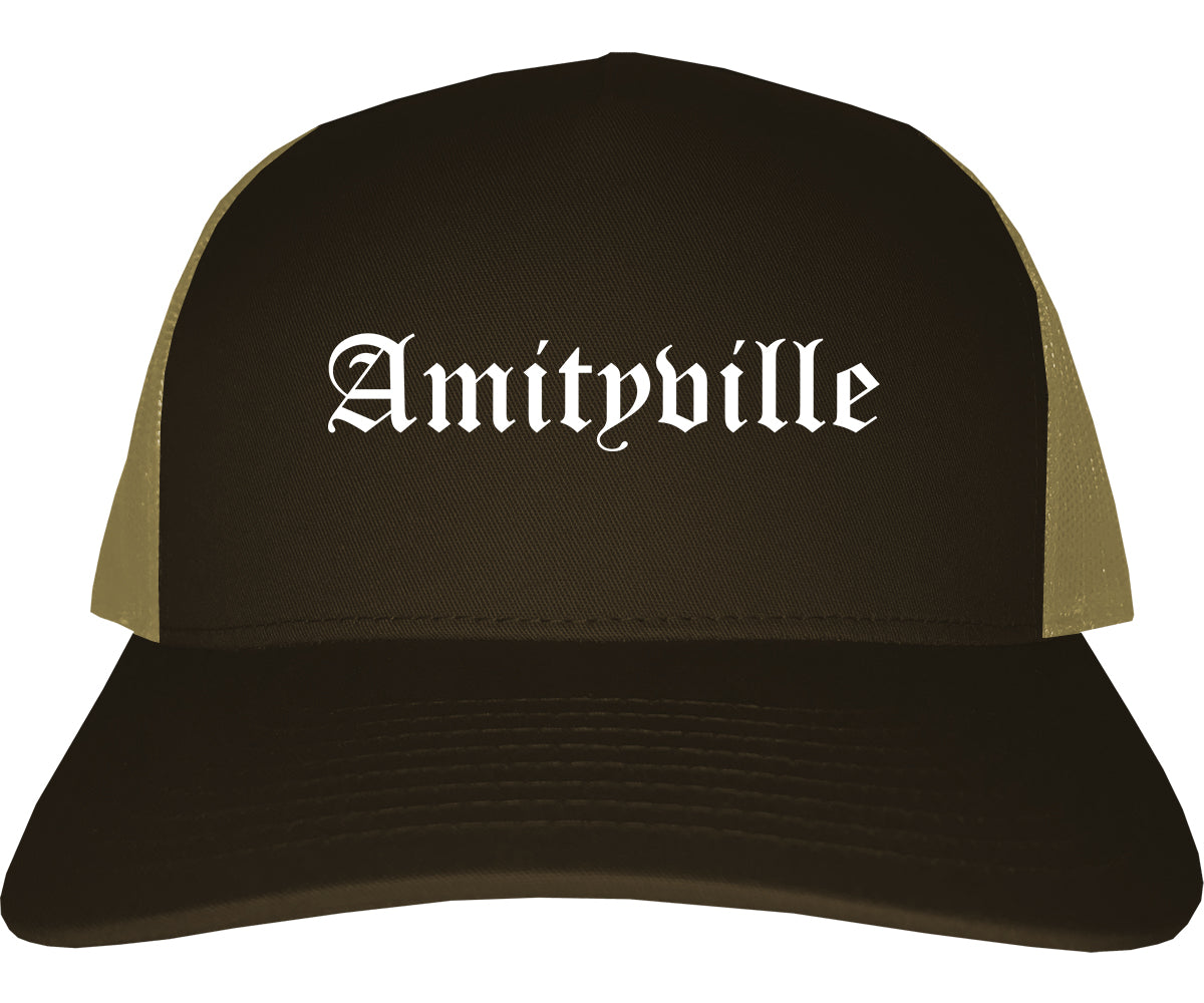 Amityville New York NY Old English Mens Trucker Hat Cap Brown