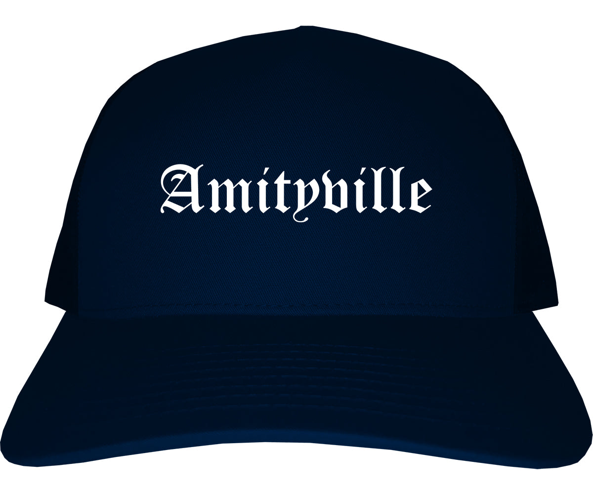 Amityville New York NY Old English Mens Trucker Hat Cap Navy Blue