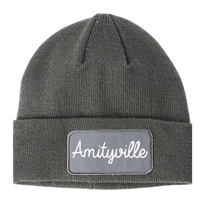 Amityville New York NY Script Mens Knit Beanie Hat Cap Grey