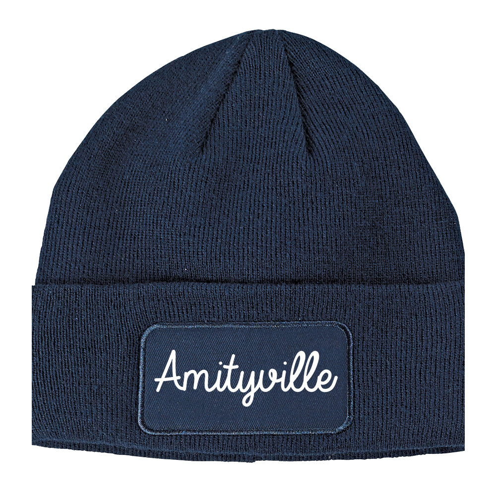 Amityville New York NY Script Mens Knit Beanie Hat Cap Navy Blue