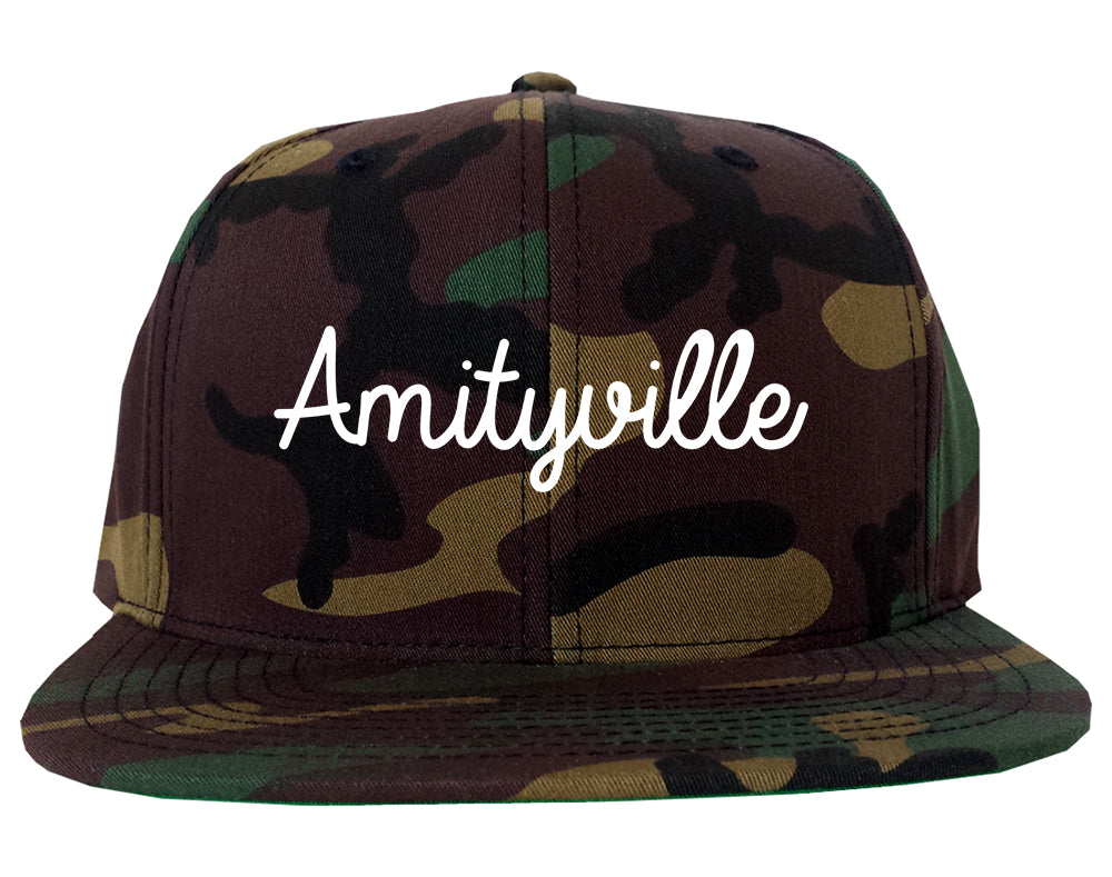 Amityville New York NY Script Mens Snapback Hat Army Camo