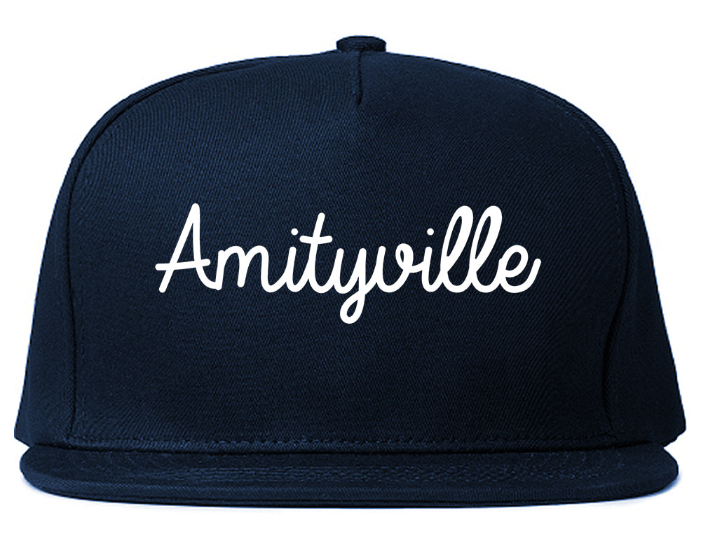 Amityville New York NY Script Mens Snapback Hat Navy Blue
