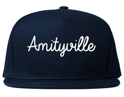 Amityville New York NY Script Mens Snapback Hat Navy Blue