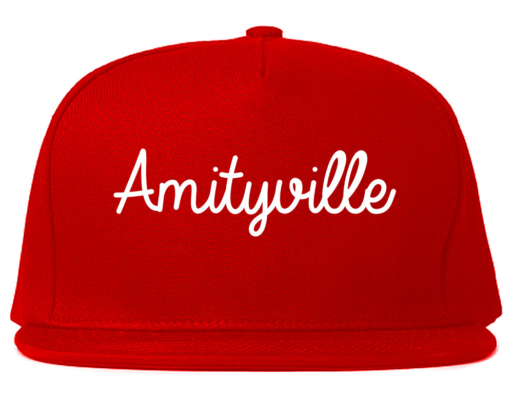 Amityville New York NY Script Mens Snapback Hat Red