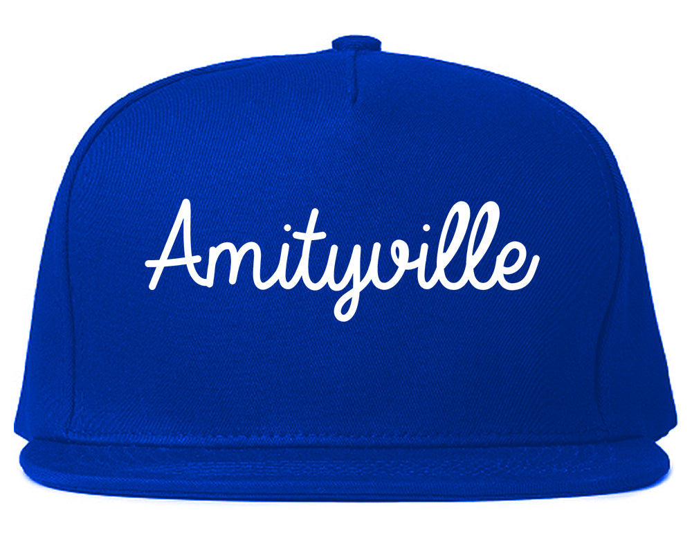 Amityville New York NY Script Mens Snapback Hat Royal Blue