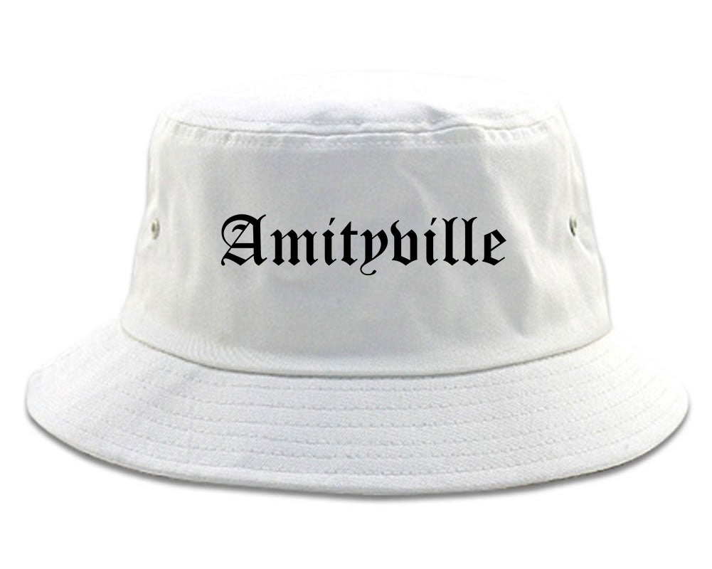 Amityville New York NY Old English Mens Bucket Hat White