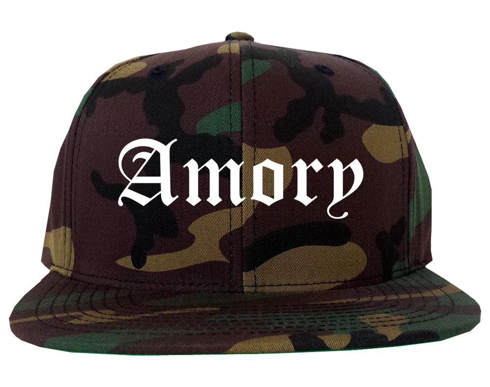 Amory Mississippi MS Old English Mens Snapback Hat Army Camo
