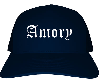 Amory Mississippi MS Old English Mens Trucker Hat Cap Navy Blue
