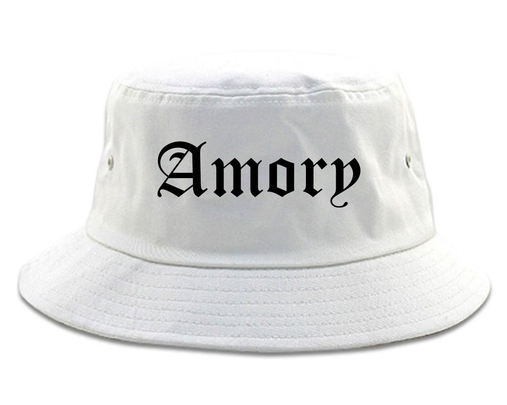 Amory Mississippi MS Old English Mens Bucket Hat White