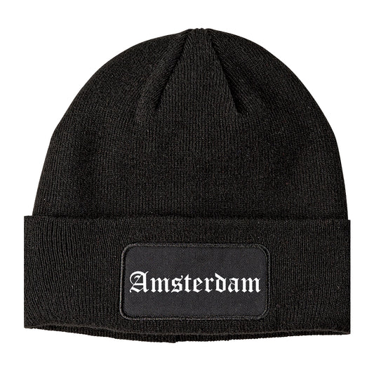 Amsterdam New York NY Old English Mens Knit Beanie Hat Cap Black
