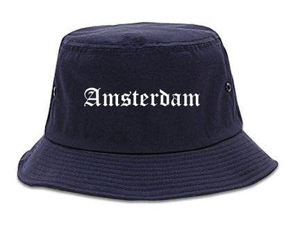 Amsterdam New York NY Old English Mens Bucket Hat Navy Blue