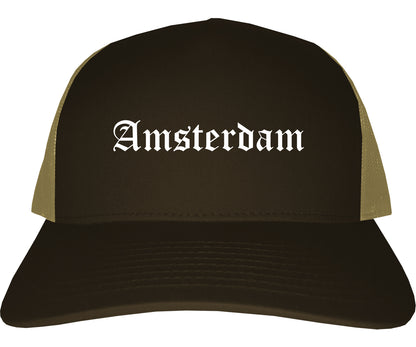 Amsterdam New York NY Old English Mens Trucker Hat Cap Brown