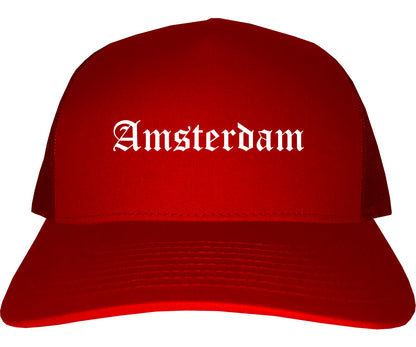 Amsterdam New York NY Old English Mens Trucker Hat Cap Red