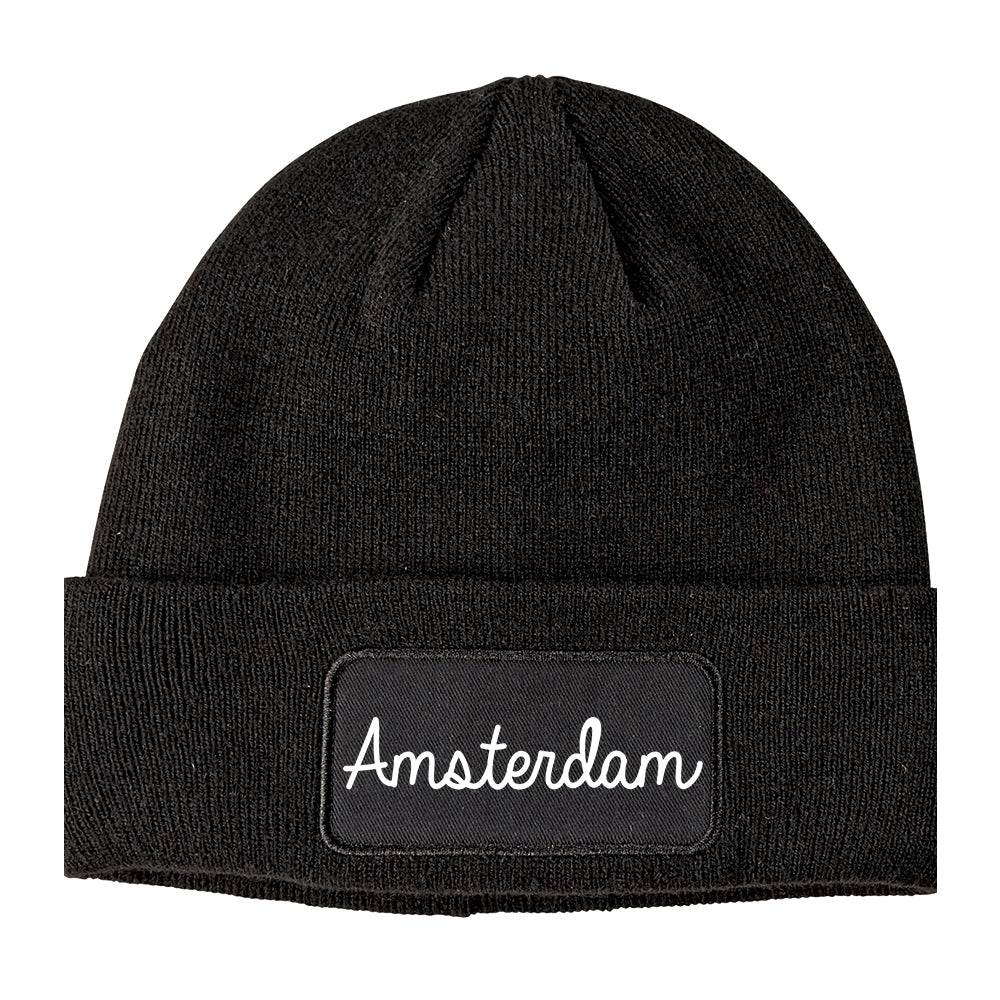 Amsterdam New York NY Script Mens Knit Beanie Hat Cap Black