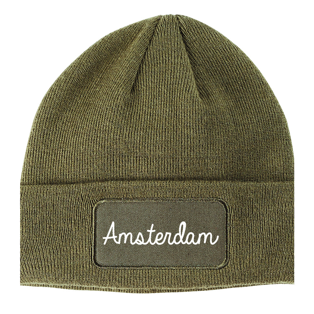 Amsterdam New York NY Script Mens Knit Beanie Hat Cap Olive Green