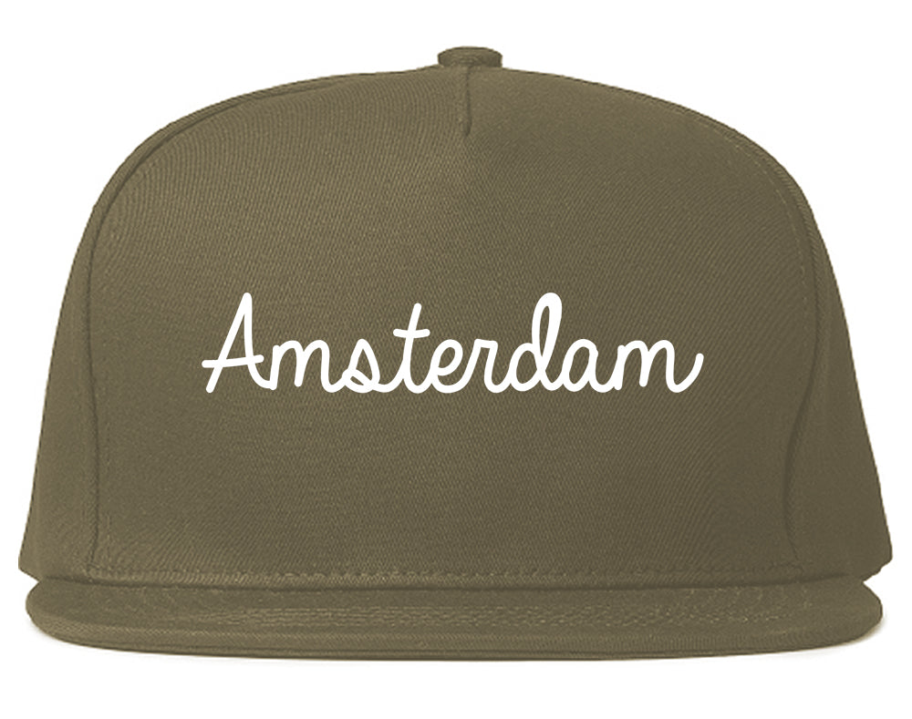 Amsterdam New York NY Script Mens Snapback Hat Grey