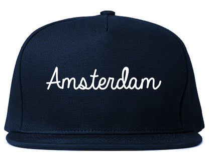 Amsterdam New York NY Script Mens Snapback Hat Navy Blue
