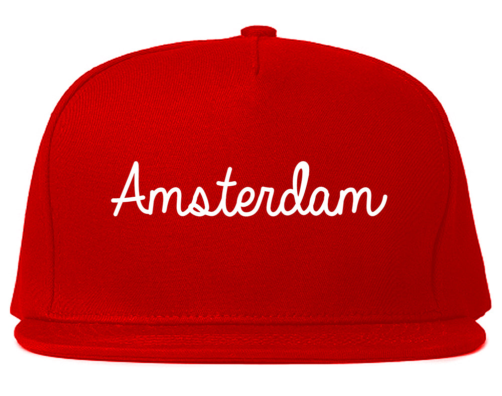 Amsterdam New York NY Script Mens Snapback Hat Red
