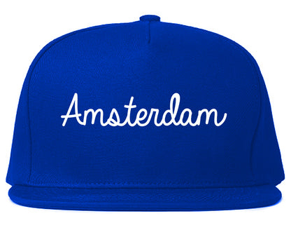 Amsterdam New York NY Script Mens Snapback Hat Royal Blue
