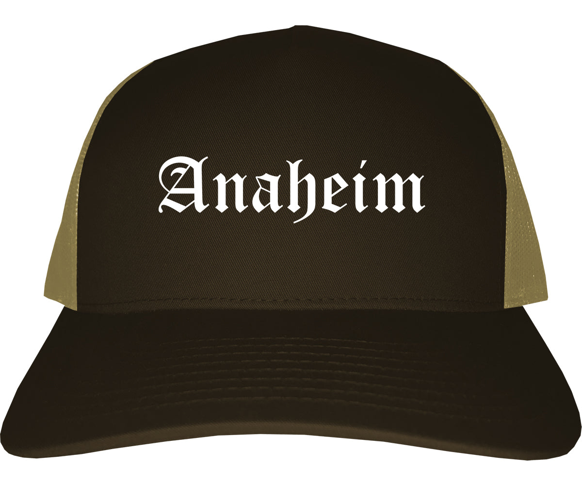 Anaheim California CA Old English Mens Trucker Hat Cap Brown