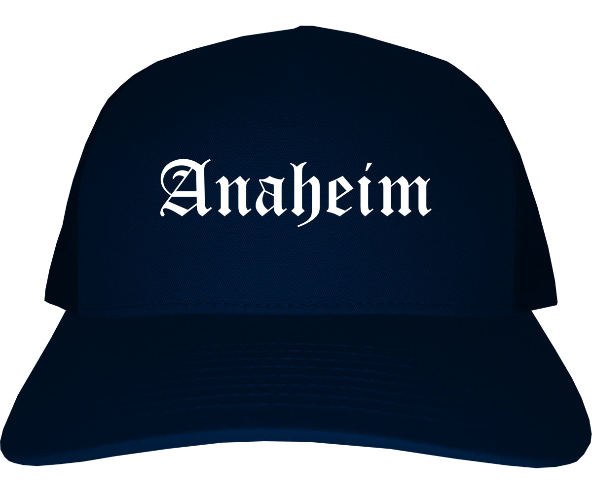 Anaheim California CA Old English Mens Trucker Hat Cap Navy Blue