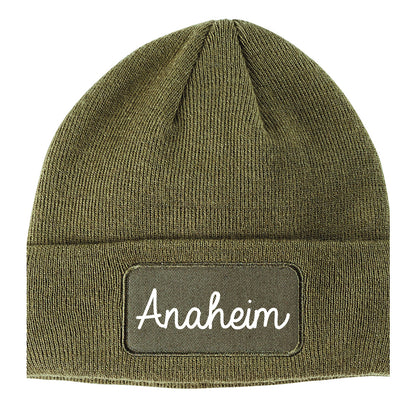 Anaheim California CA Script Mens Knit Beanie Hat Cap Olive Green