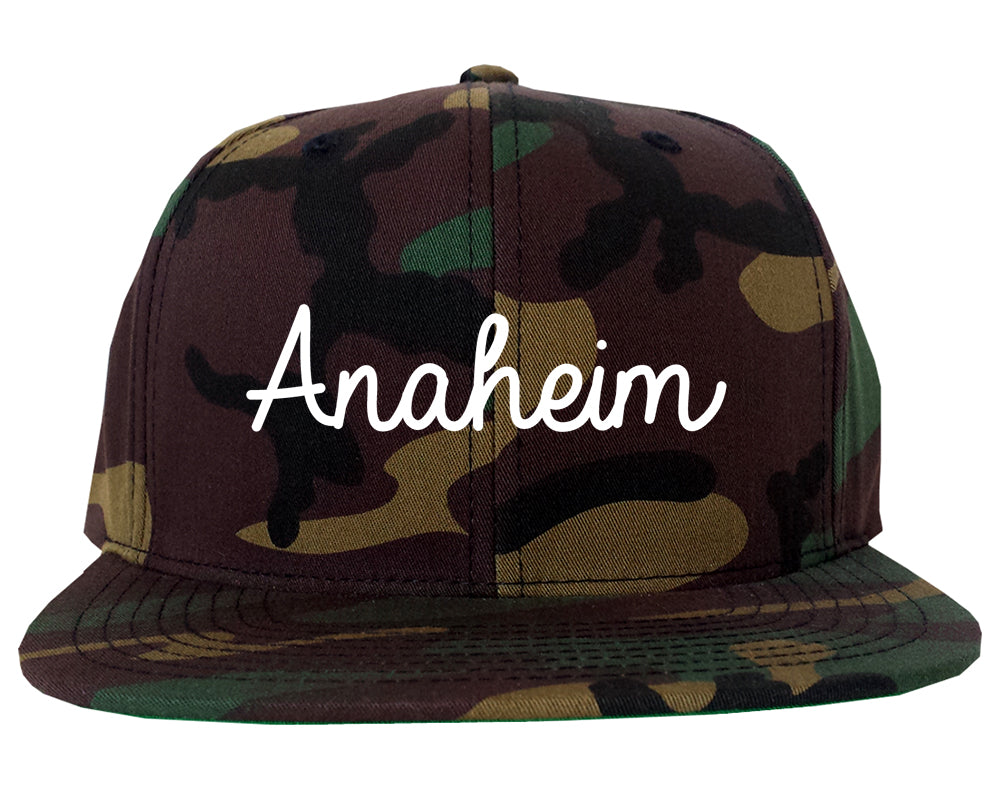Anaheim California CA Script Mens Snapback Hat Army Camo