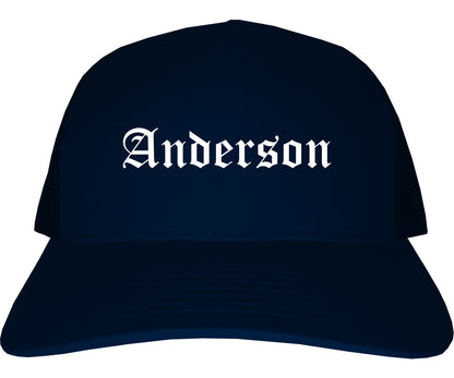 Anderson California CA Old English Mens Trucker Hat Cap Navy Blue