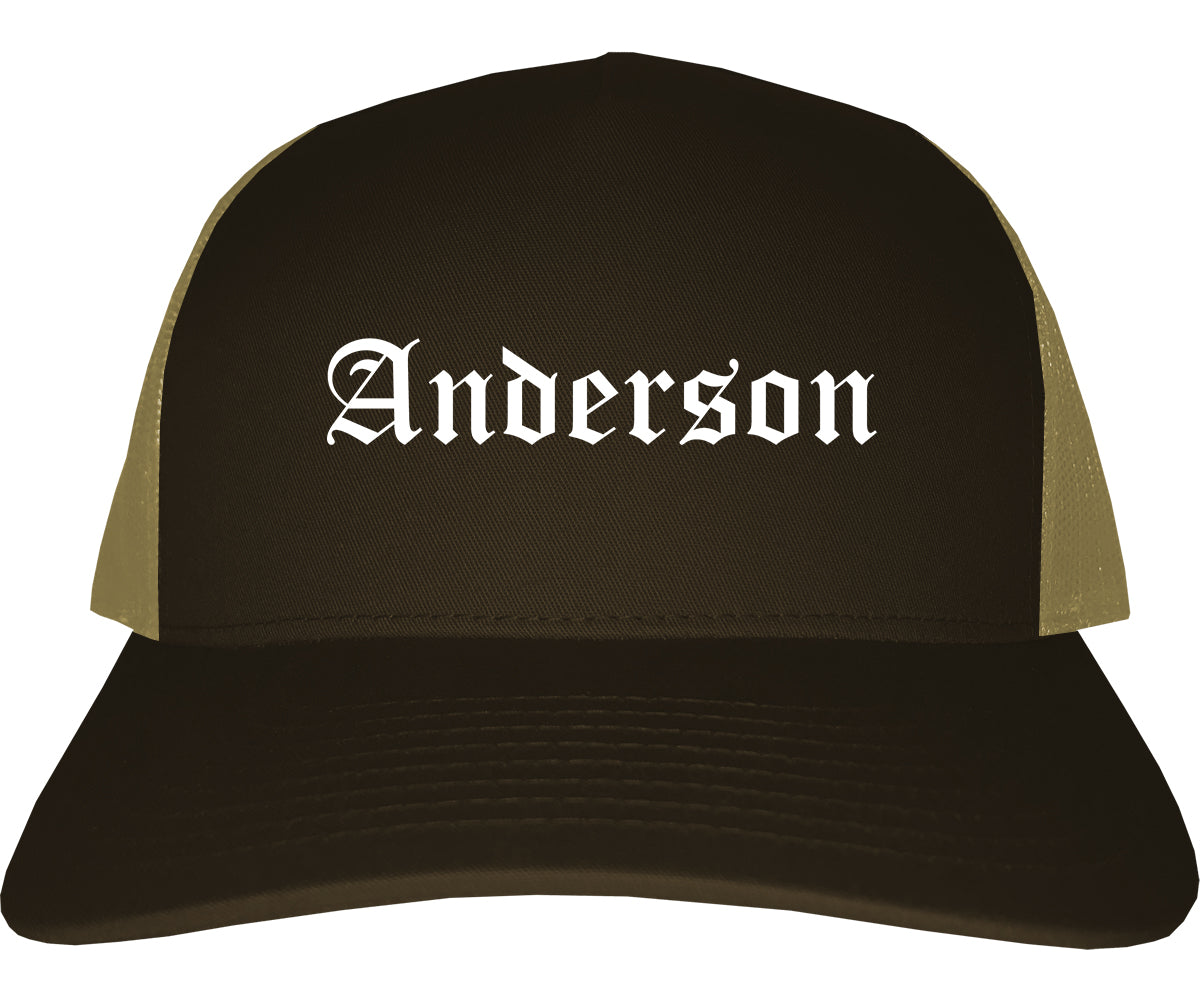 Anderson Indiana IN Old English Mens Trucker Hat Cap Brown