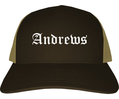 Andrews Texas TX Old English Mens Trucker Hat Cap Brown