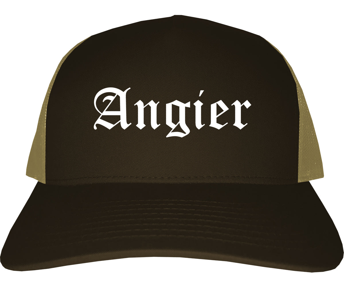 Angier North Carolina NC Old English Mens Trucker Hat Cap Brown